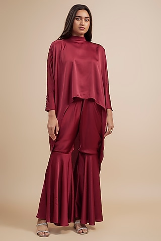 Red Crepe Satin Sharara Set by Jewellyn Alvares