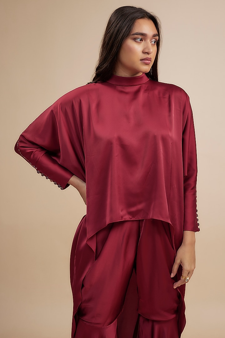 Red Crepe Satin Sharara Set by Jewellyn Alvares at Pernia's Pop Up Shop