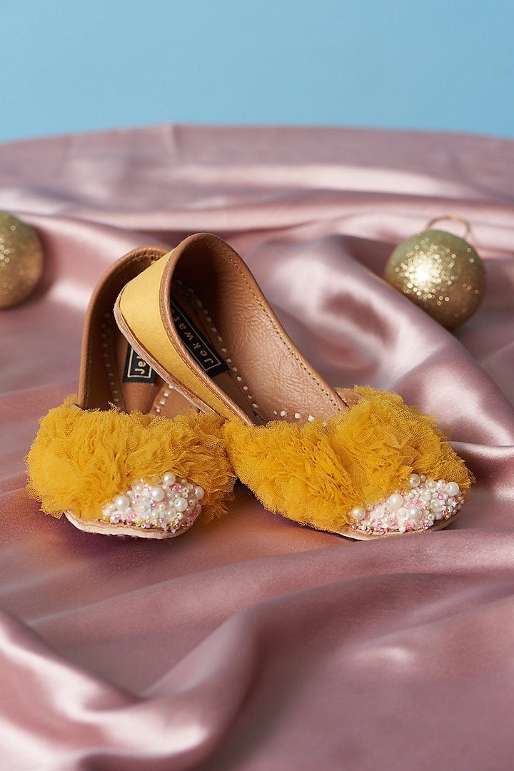 Mustard Cotton Silk Beads Embroidered Handmade Juttis For Girls by Jekwats at Pernia's Pop Up Shop