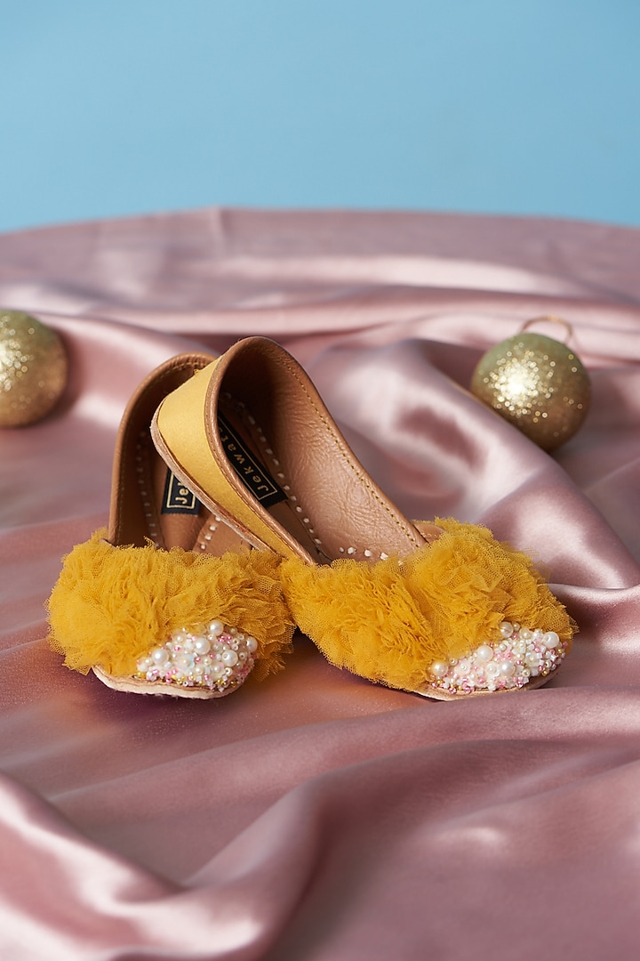 Mustard Cotton Silk Beads Embroidered Handmade Juttis For Girls by Jekwats at Pernia's Pop Up Shop