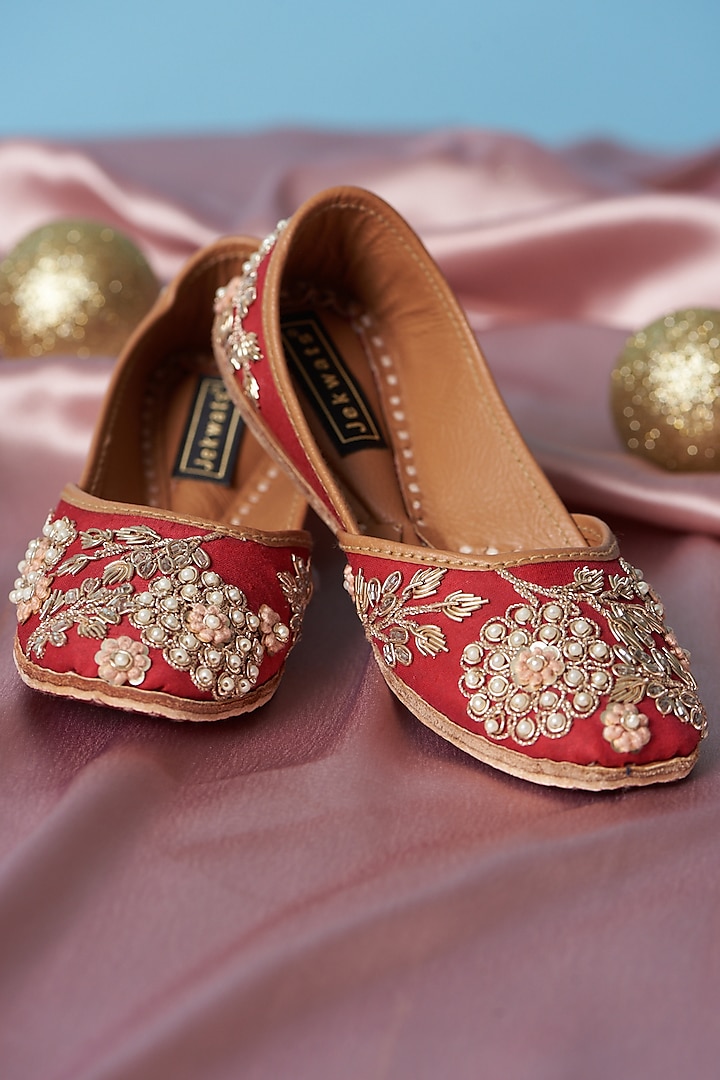 Red Pure Leather Zardosi Embroidered Juttis For Girls by Jekwats at Pernia's Pop Up Shop