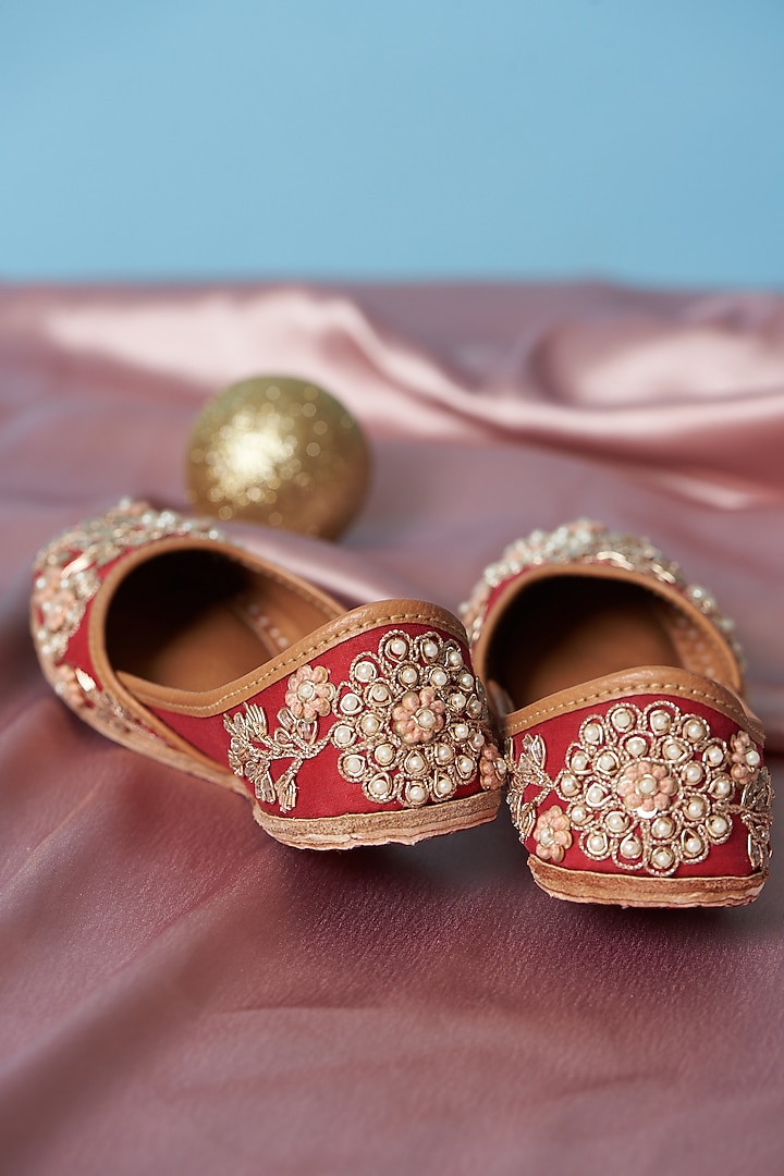 Red Pure Leather Zardosi Embroidered Juttis For Girls by Jekwats at Pernia's Pop Up Shop