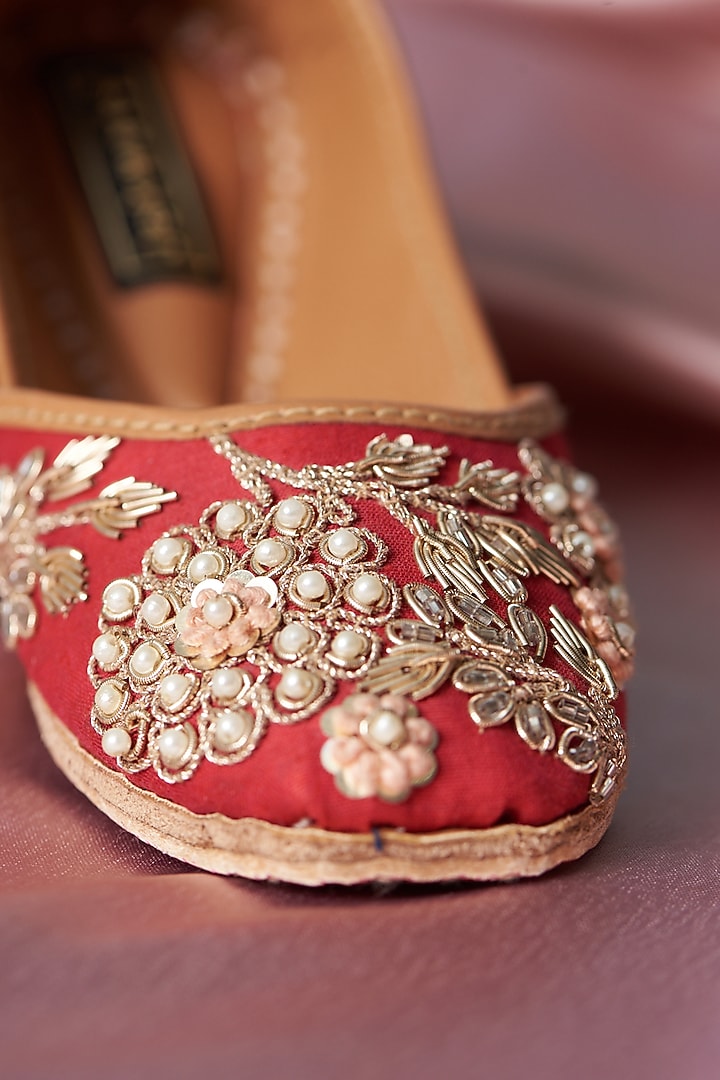 Red Pure Leather Zardosi Embroidered Juttis For Girls by Jekwats at Pernia's Pop Up Shop