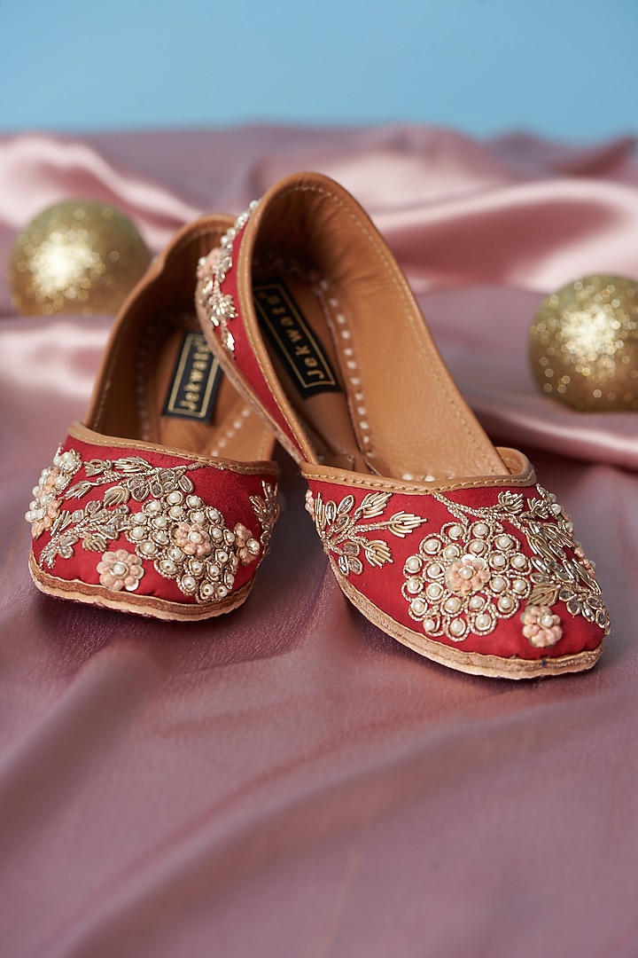 Red Pure Leather Zardosi Embroidered Juttis For Girls by Jekwats at Pernia's Pop Up Shop
