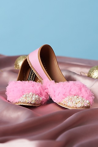 Pink Cotton Silk Beads Embroidered Handmade Juttis For Girls by Jekwats