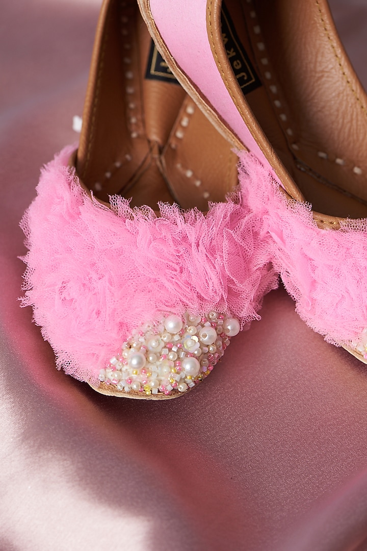 Pink Cotton Silk Beads Embroidered Handmade Juttis For Girls by Jekwats at Pernia's Pop Up Shop