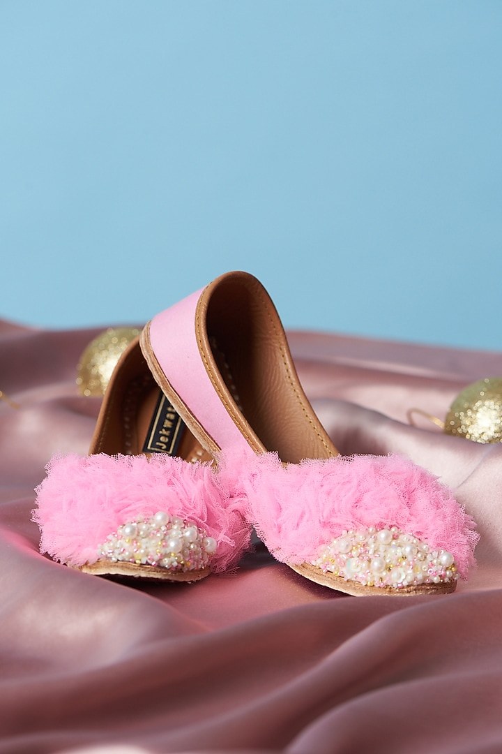 Pink Cotton Silk Beads Embroidered Handmade Juttis For Girls by Jekwats at Pernia's Pop Up Shop