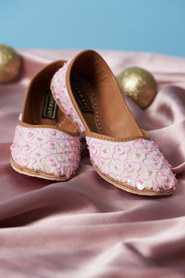 Rose Quartz Pure Leather Beads Hand Embroidered Juttis For Girls by Jekwats at Pernia's Pop Up Shop