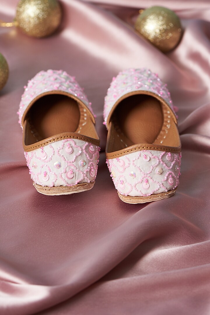 Rose Quartz Pure Leather Beads Hand Embroidered Juttis For Girls by Jekwats at Pernia's Pop Up Shop