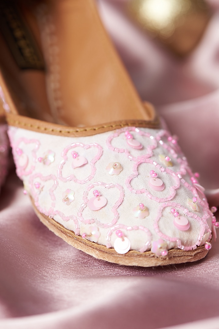 Rose Quartz Pure Leather Beads Hand Embroidered Juttis For Girls by Jekwats at Pernia's Pop Up Shop