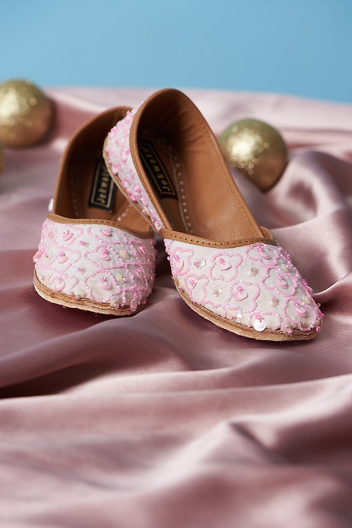 Rose Quartz Pure Leather Beads Hand Embroidered Juttis For Girls by Jekwats at Pernia's Pop Up Shop