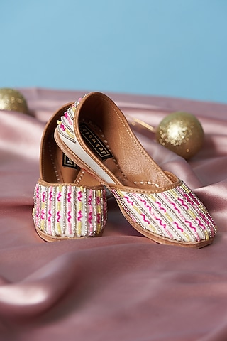 Ivory Cotton Silk Beads Embroidered Juttis For Girls by Jekwats