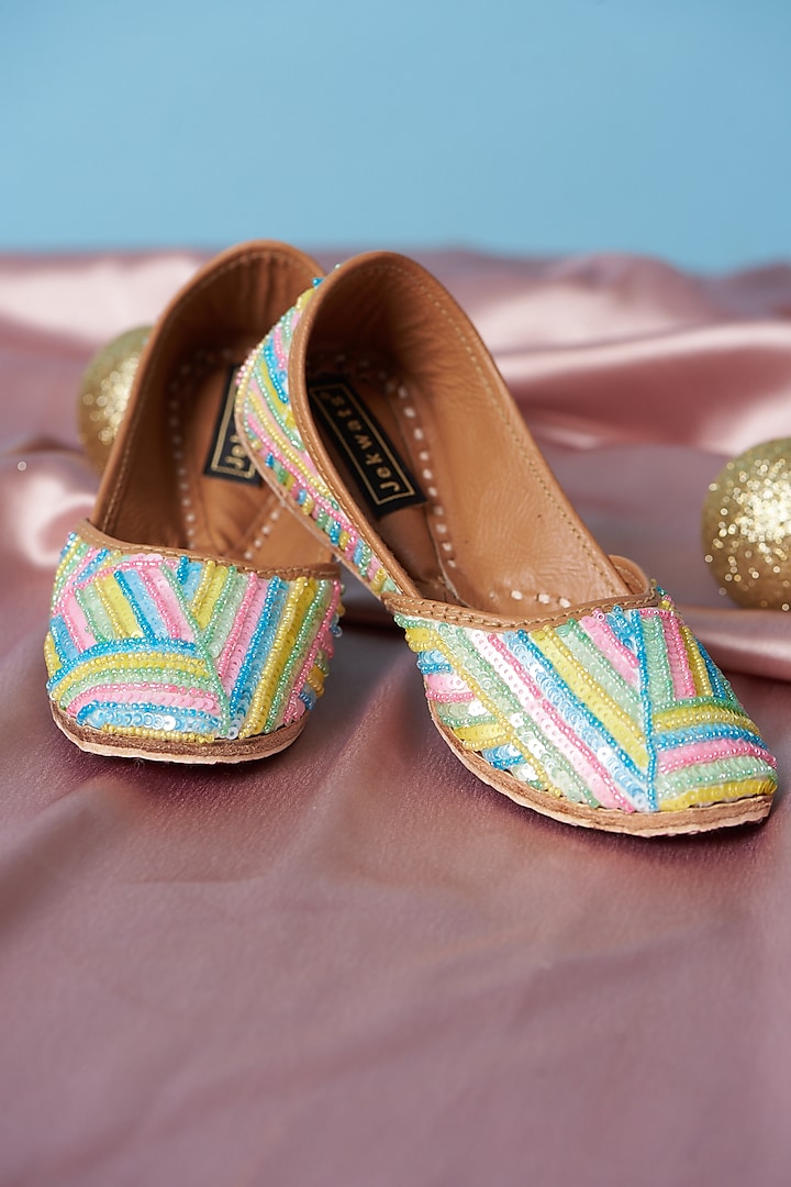 Multi-Colored Pure Leather Sequins Embroidered Juttis For Girls by Jekwats at Pernia's Pop Up Shop