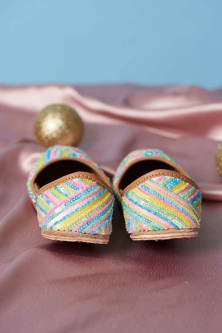 Multi-Colored Pure Leather Sequins Embroidered Juttis For Girls by Jekwats at Pernia's Pop Up Shop