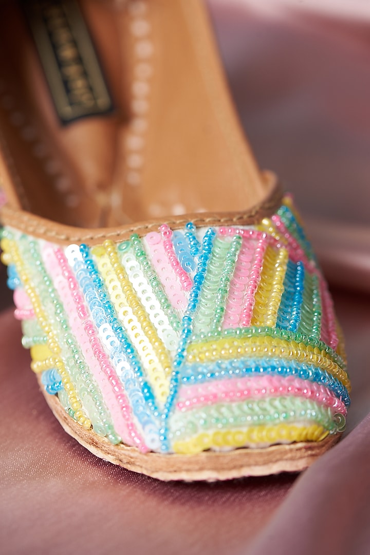Multi-Colored Pure Leather Sequins Embroidered Juttis For Girls by Jekwats at Pernia's Pop Up Shop