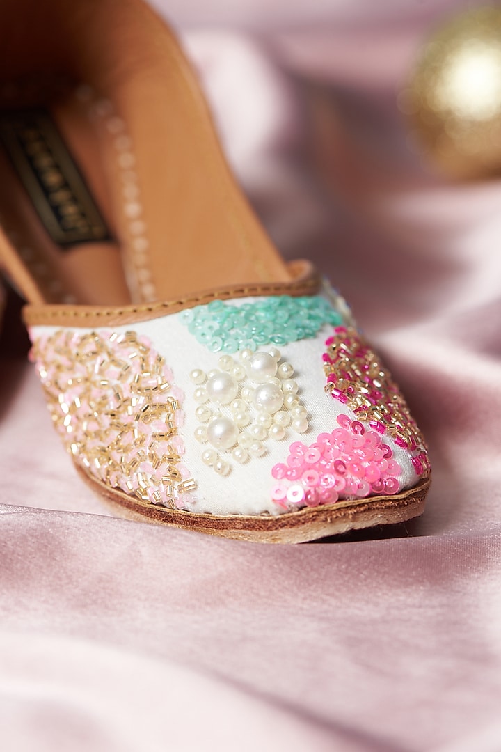 Ivory Pure Leather Embroidered Handcrafted Jutti For Girls by Jekwats at Pernia's Pop Up Shop