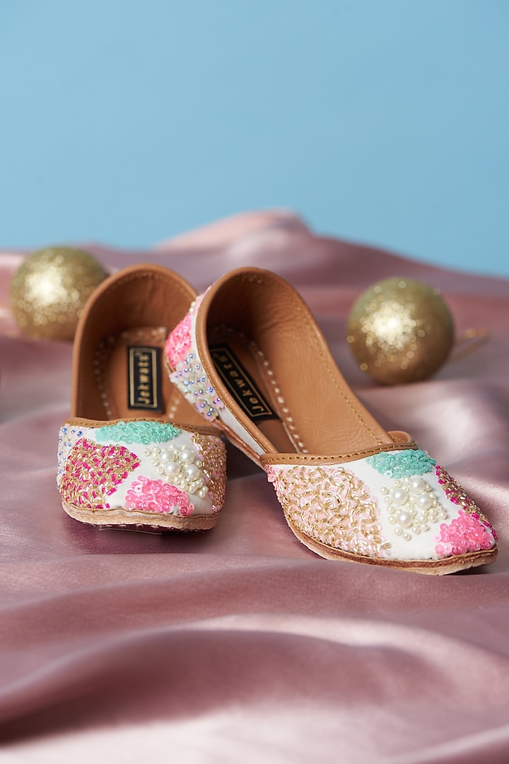 Ivory Pure Leather Embroidered Handcrafted Jutti For Girls by Jekwats at Pernia's Pop Up Shop
