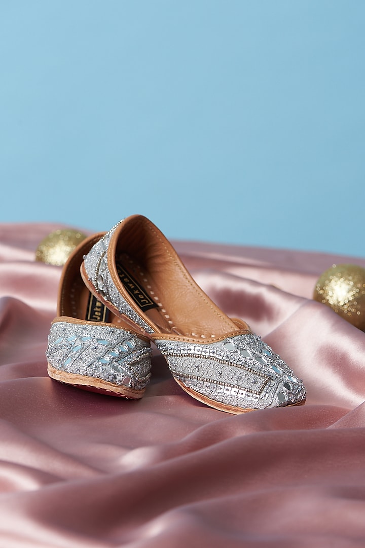 Silver-Grey Pure Leather Zardosi Hand Embroidered Juttis For Girls by Jekwats at Pernia's Pop Up Shop