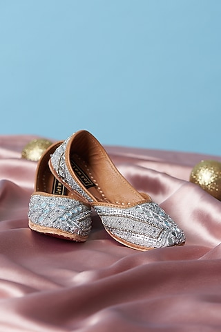Silver-Grey Pure Leather Zardosi Hand Embroidered Juttis For Girls by Jekwats