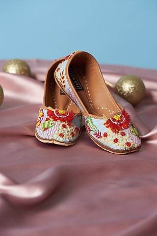 Ice Blue Pure Leather Thread Embroidered Juttis For Girls by Jekwats