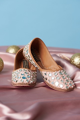 Peach Pure Leather Mirror Embellished Juttis For Girls by Jekwats