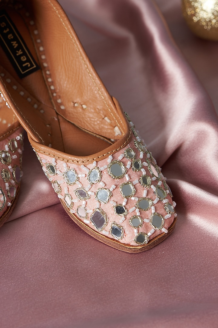 Peach Pure Leather Mirror Embellished Juttis For Girls by Jekwats at Pernia's Pop Up Shop