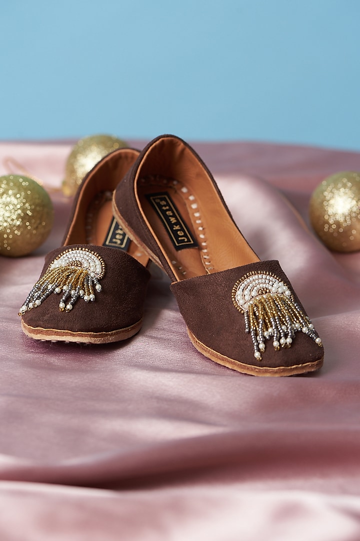 Brown Pure Leather Tassels Embellished Handcrafted Juttis For Girls by Jekwats at Pernia's Pop Up Shop