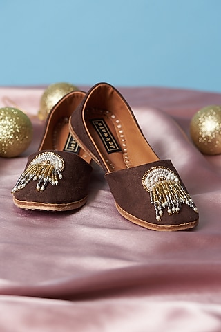 Brown Pure Leather Tassels Embellished Handcrafted Juttis For Girls by Jekwats