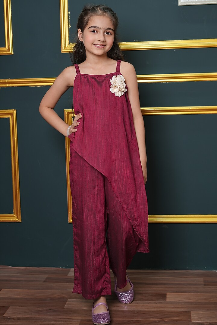 Maroon Blended Cotton 3D Floral Embellished Jumpsuit For Girls by Jelly Jones at Pernia's Pop Up Shop