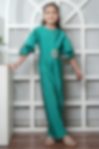 Green Roman Silk Embellished Jumpsuit For Girls by Jelly Jones at Pernia's Pop Up Shop