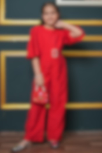 Red Roman Silk Embellished Jumpsuit For Girls by Jelly Jones at Pernia's Pop Up Shop