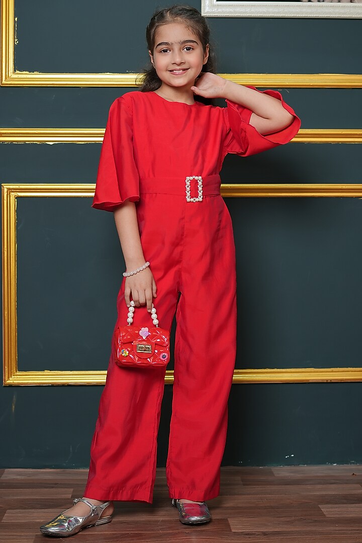 Red Roman Silk Embellished Jumpsuit For Girls by Jelly Jones at Pernia's Pop Up Shop