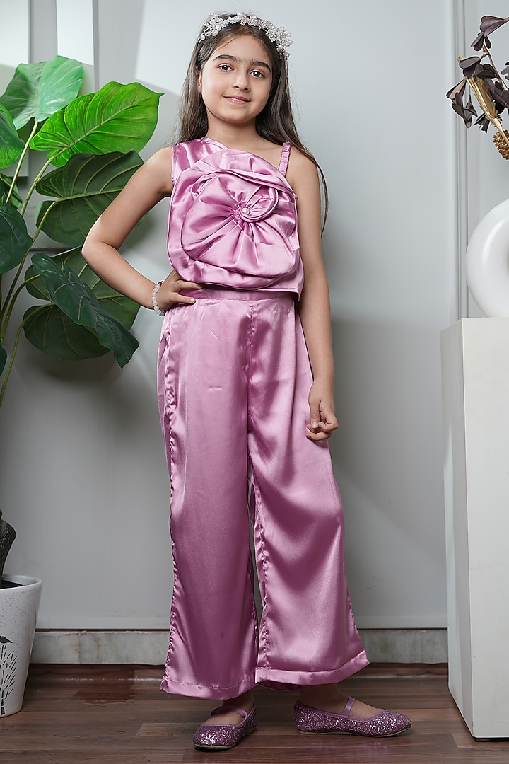 Pink Satin Pearl & Floral Embellished Co-Ord Set For Girls by Jelly Jones at Pernia's Pop Up Shop