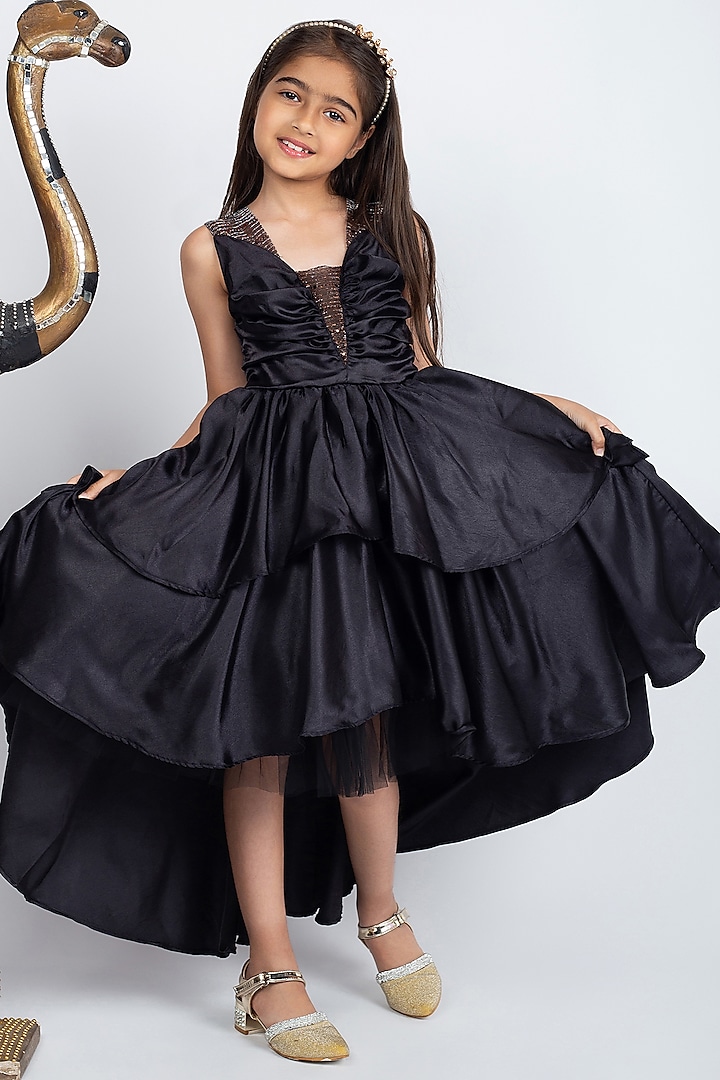 Black Satin Asymmetric Gown For Girls by Jelly Jones at Pernia's Pop Up Shop