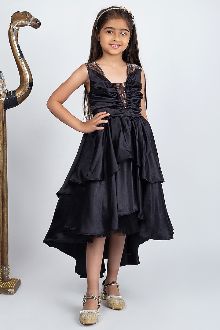 Black Satin Asymmetric Gown For Girls by Jelly Jones at Pernia's Pop Up Shop