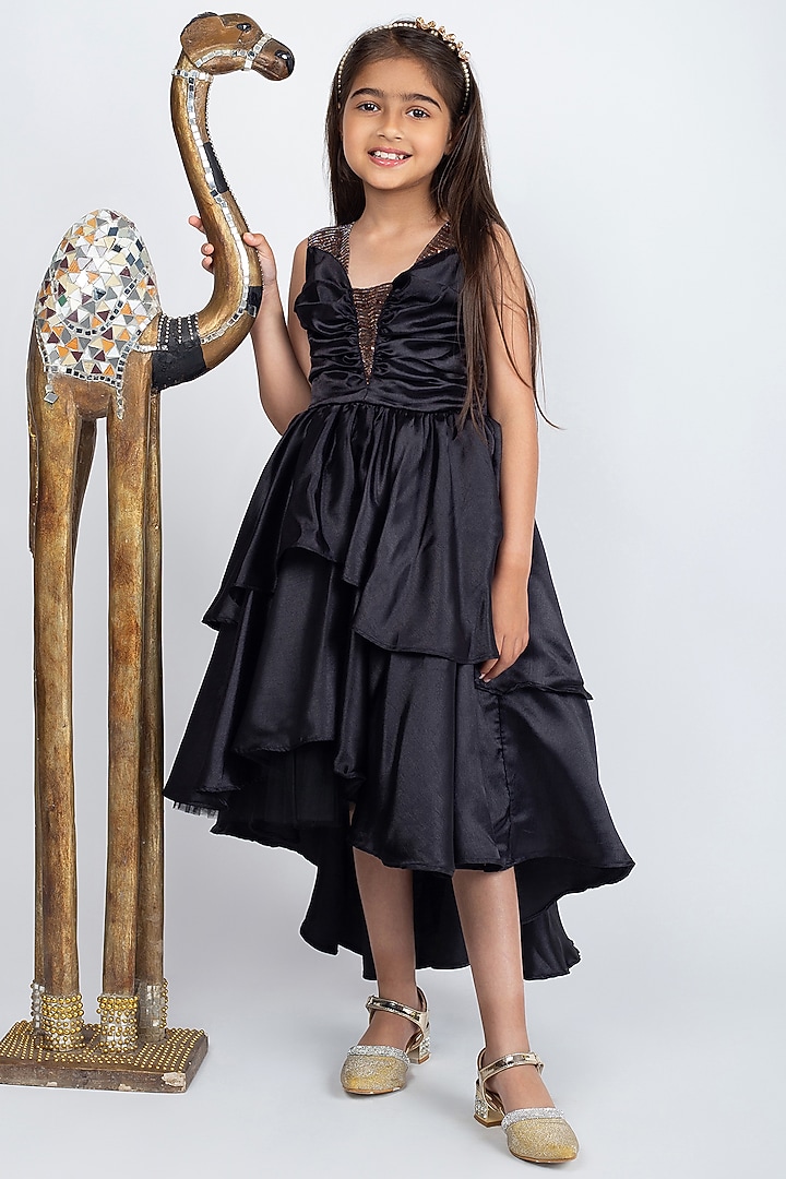 Black Satin Asymmetric Gown For Girls by Jelly Jones at Pernia's Pop Up Shop