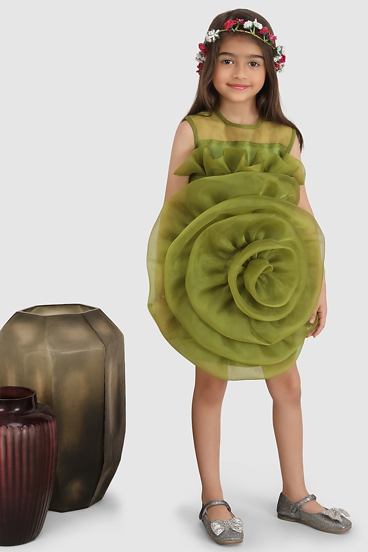 Green Organza Floral Dress For Girls by Jelly Jones at Pernia's Pop Up Shop