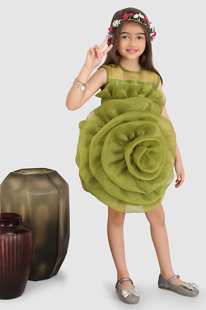 Green Organza Floral Dress For Girls by Jelly Jones at Pernia's Pop Up Shop