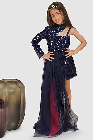 Navy Blue Sequin Dress For Girls by Jelly Jones