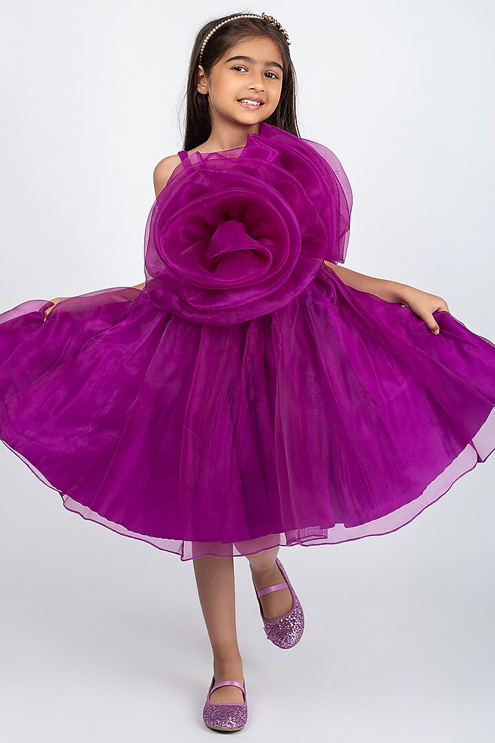 Wine Organza Floral Dress For Girls by Jelly Jones at Pernia's Pop Up Shop