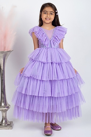 Mauve Net Layered Dress For Girls by Jelly Jones