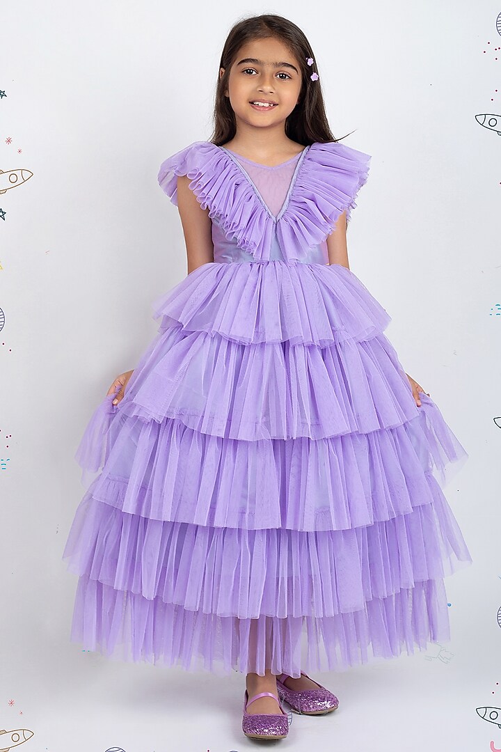 Mauve Net Layered Dress For Girls by Jelly Jones at Pernia's Pop Up Shop