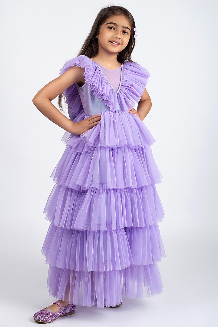 Mauve Net Layered Dress For Girls by Jelly Jones at Pernia's Pop Up Shop