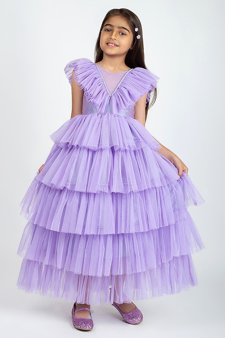 Mauve Net Layered Dress For Girls by Jelly Jones at Pernia's Pop Up Shop