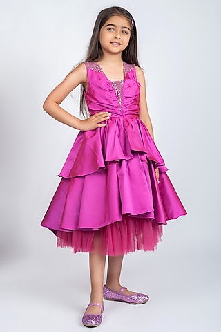 Pink Satin Asymmetric Gown For Girls by Jelly Jones
