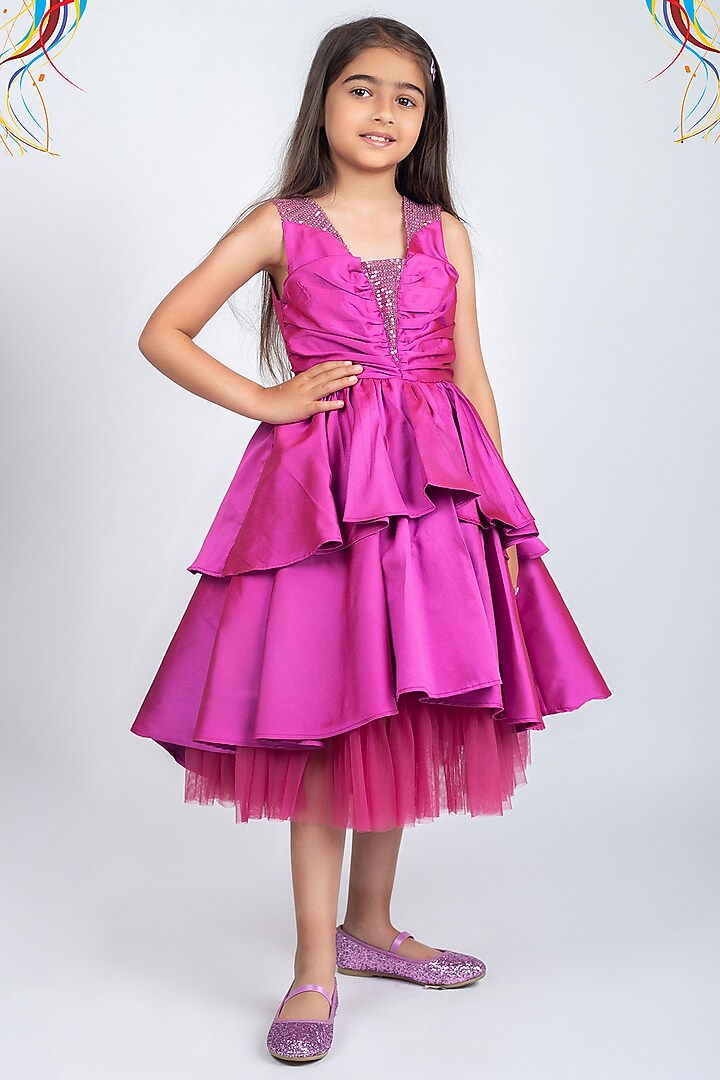 Pink Satin Asymmetric Gown For Girls by Jelly Jones at Pernia's Pop Up Shop