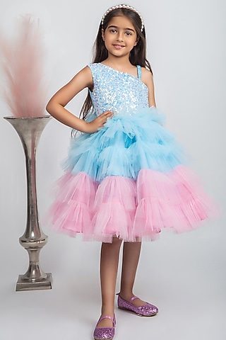 Blue Sequins Layered Dress For Girls by Jelly Jones