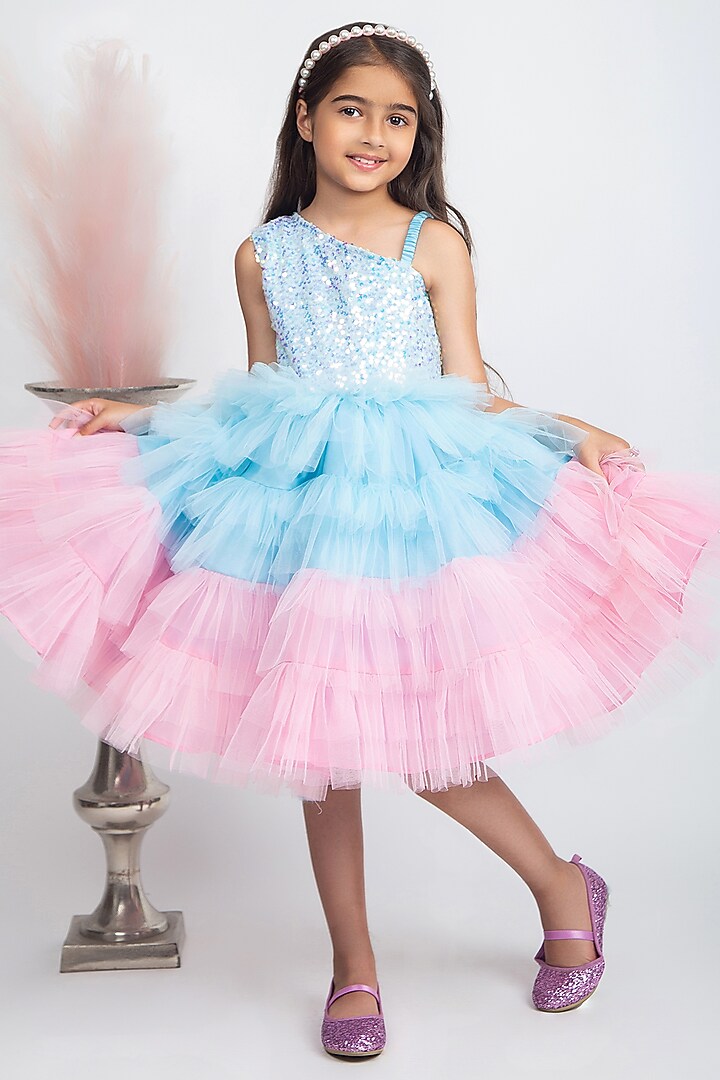 Blue Sequins Layered Dress For Girls by Jelly Jones at Pernia's Pop Up Shop