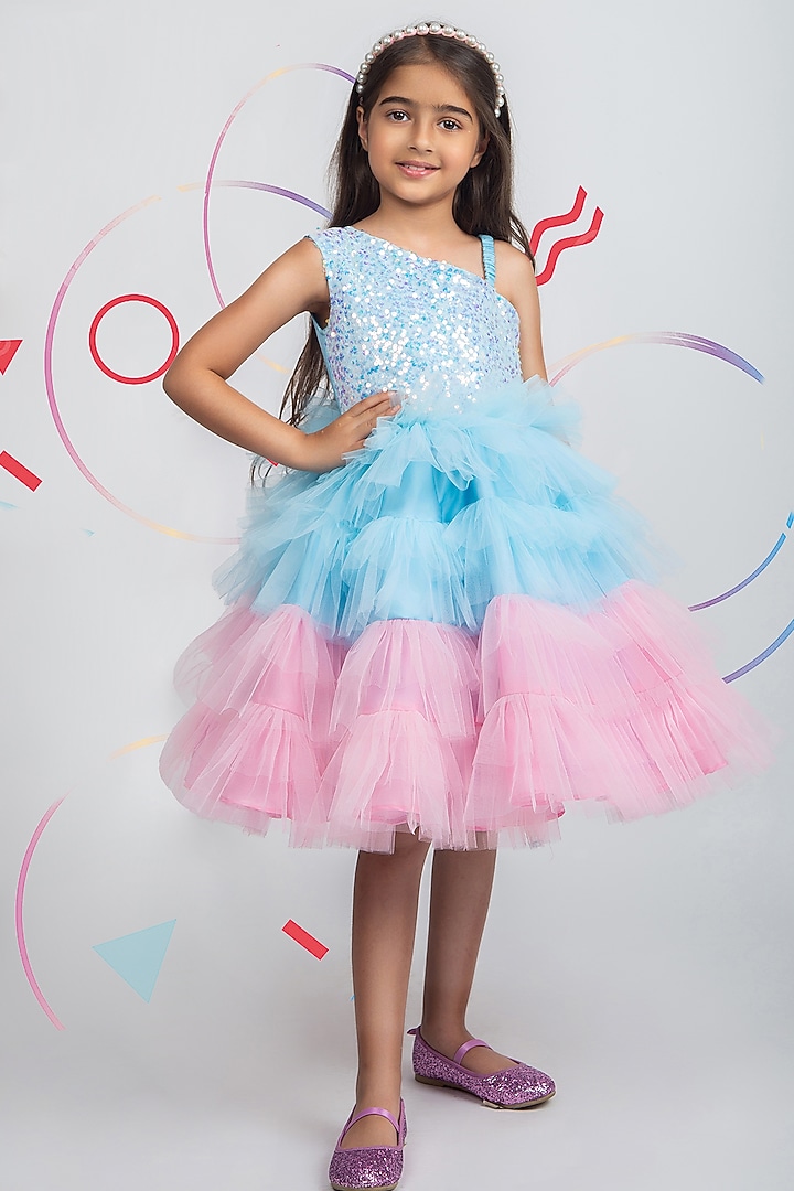 Blue Sequins Layered Dress For Girls by Jelly Jones at Pernia's Pop Up Shop