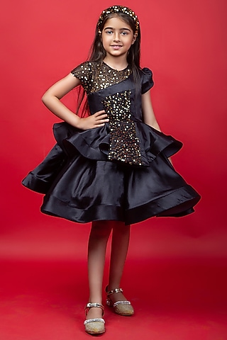 Black Sequins Double Layered Dress For Girls by Jelly Jones